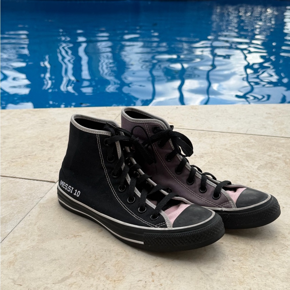 CUSTOM Converse Chuck Taylor All-Star high tops, “MESSI 10” embroidered.